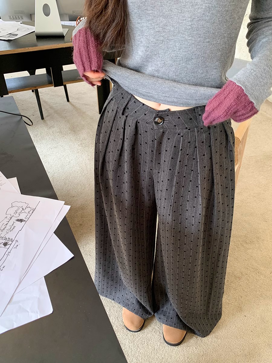 2024 Autumn Heart Flocked Casual Pants Textured Straight Wide-Leg Versatile Trousers