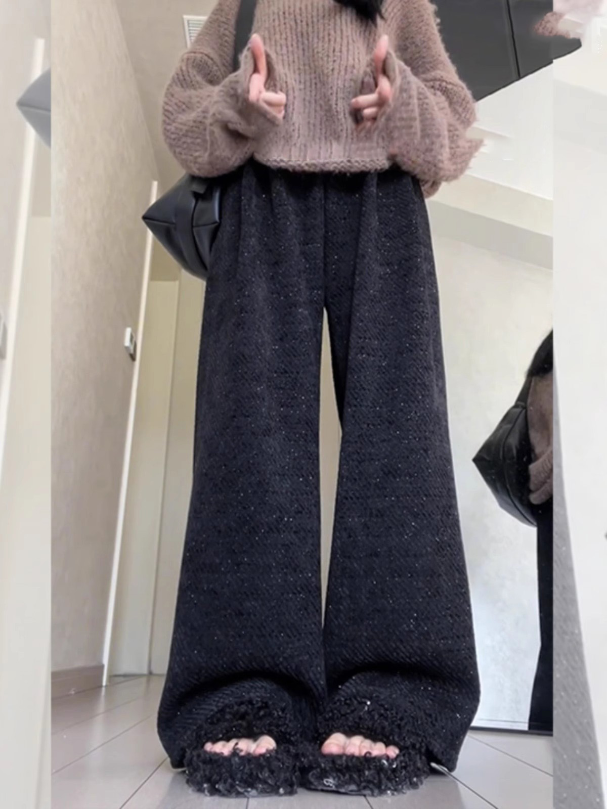 2024 Winter Thickened Black Shimmer Wide-Leg Pants Korean Loose High-Waist Casual Trousers - Image 2