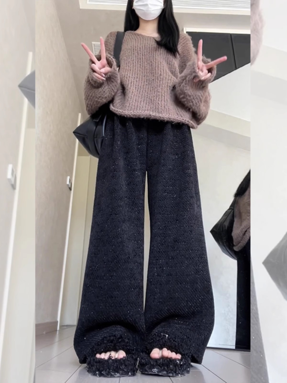 2024 Winter Thickened Black Shimmer Wide-Leg Pants Korean Loose High-Waist Casual Trousers - Image 4