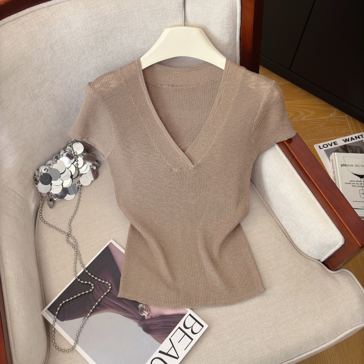 Classic Solid V-Neck Knit Short Sleeve Women's Summer Top