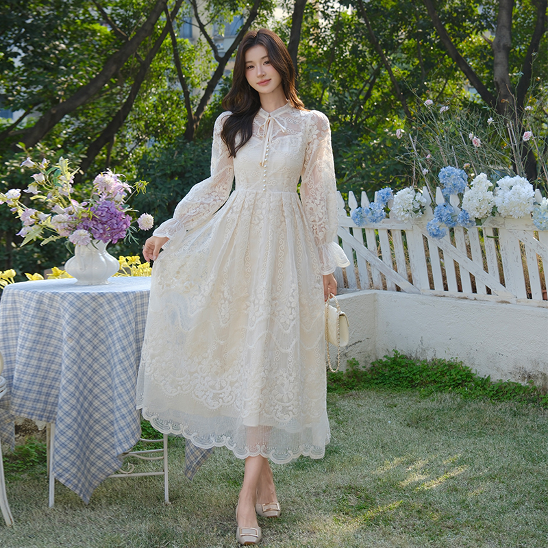Elegant Embroidered Long Sleeve A-Line Midi Dress - Image 3