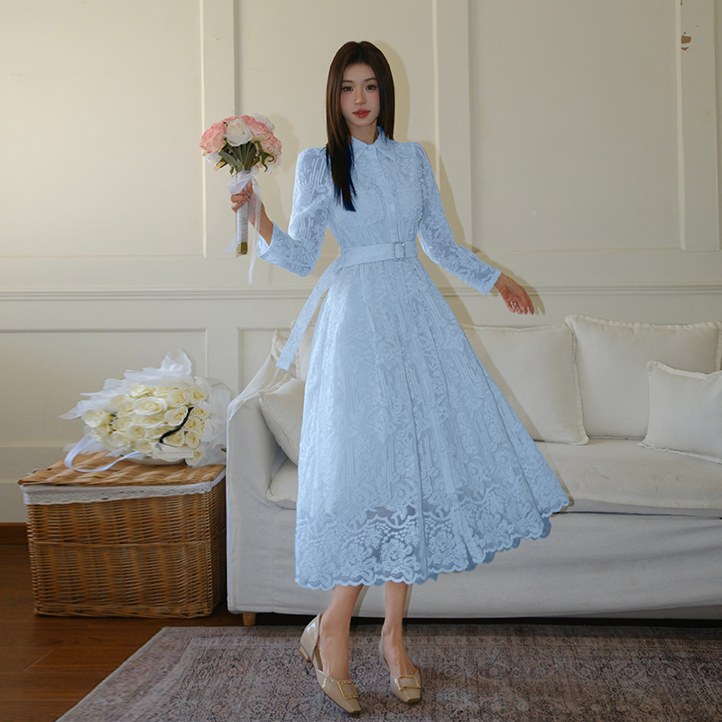 Elegant Embroidered Shirt Collar Waist-Slimming Midi Dress - Image 3