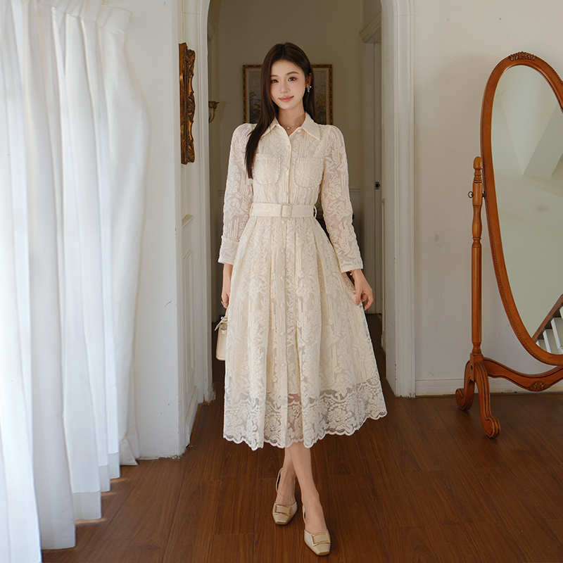 Elegant Embroidered Shirt Collar Waist-Slimming Midi Dress - Image 4