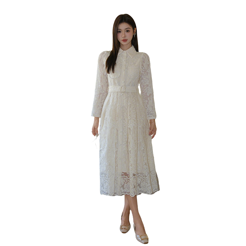 Elegant Embroidered Shirt Collar Waist-Slimming Midi Dress - Image 5