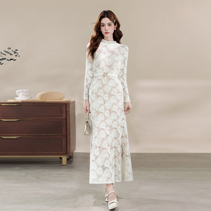 Elegant Lace Long Sleeve Mermaid Dress with Beaded Stand Collar and Waist - Image 2