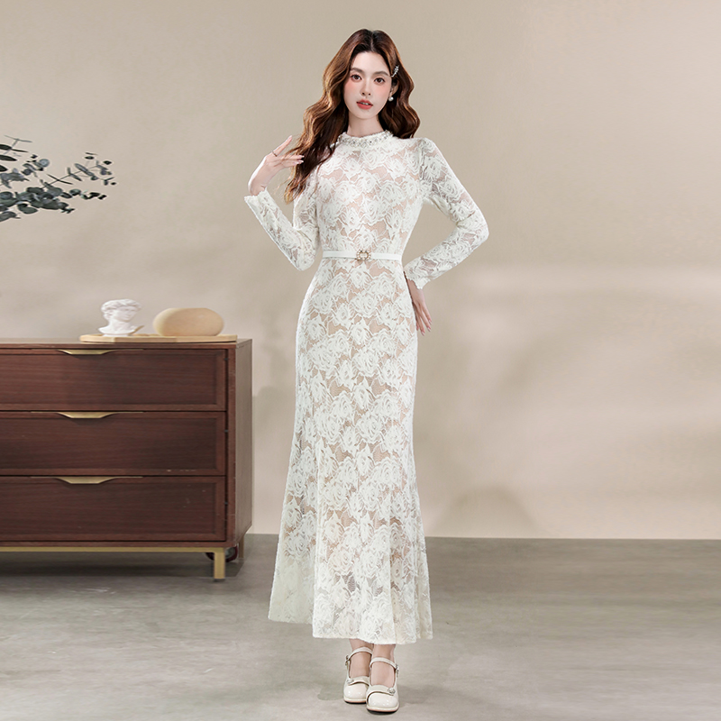 Elegant Lace Long Sleeve Mermaid Dress with Beaded Stand Collar and Waist - Image 3