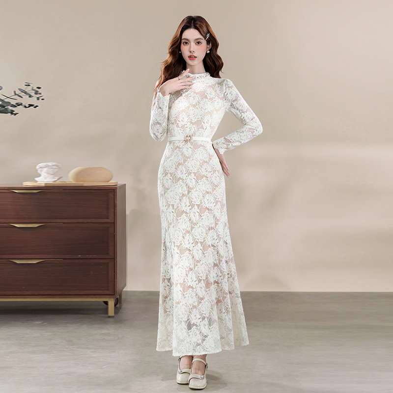 Elegant Lace Long Sleeve Mermaid Dress with Beaded Stand Collar and Waist - Image 4