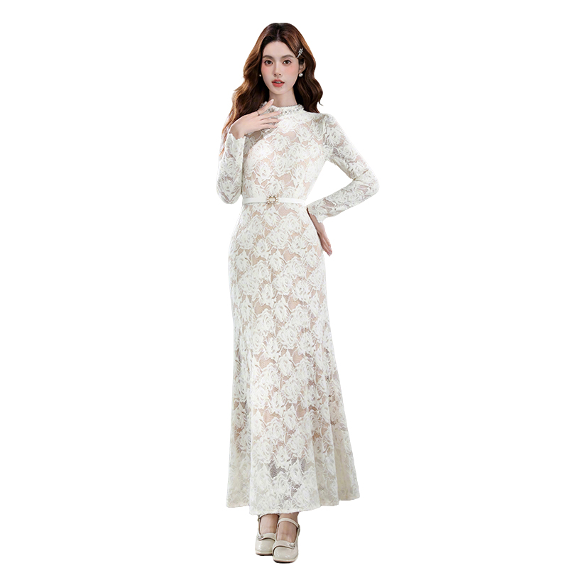 Elegant Lace Long Sleeve Mermaid Dress with Beaded Stand Collar and Waist - Image 5