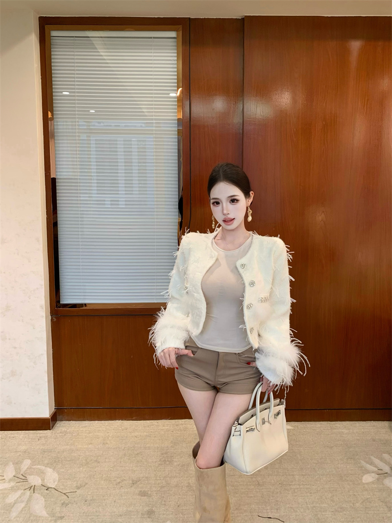 Elegant Tweed Jacket with Feather Detail Winter 2025 Women's Round Neck Coat - Image 4