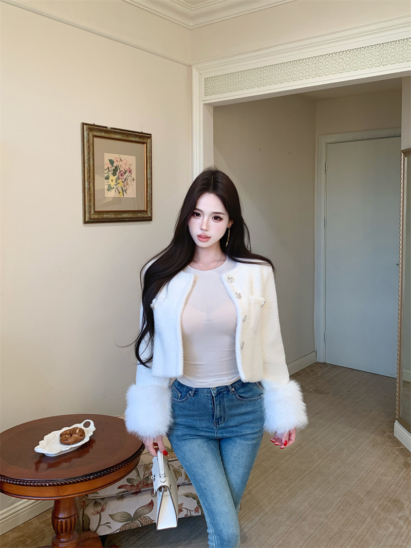 French Style Faux Mink Fur Short Cardigan Jacket for Women