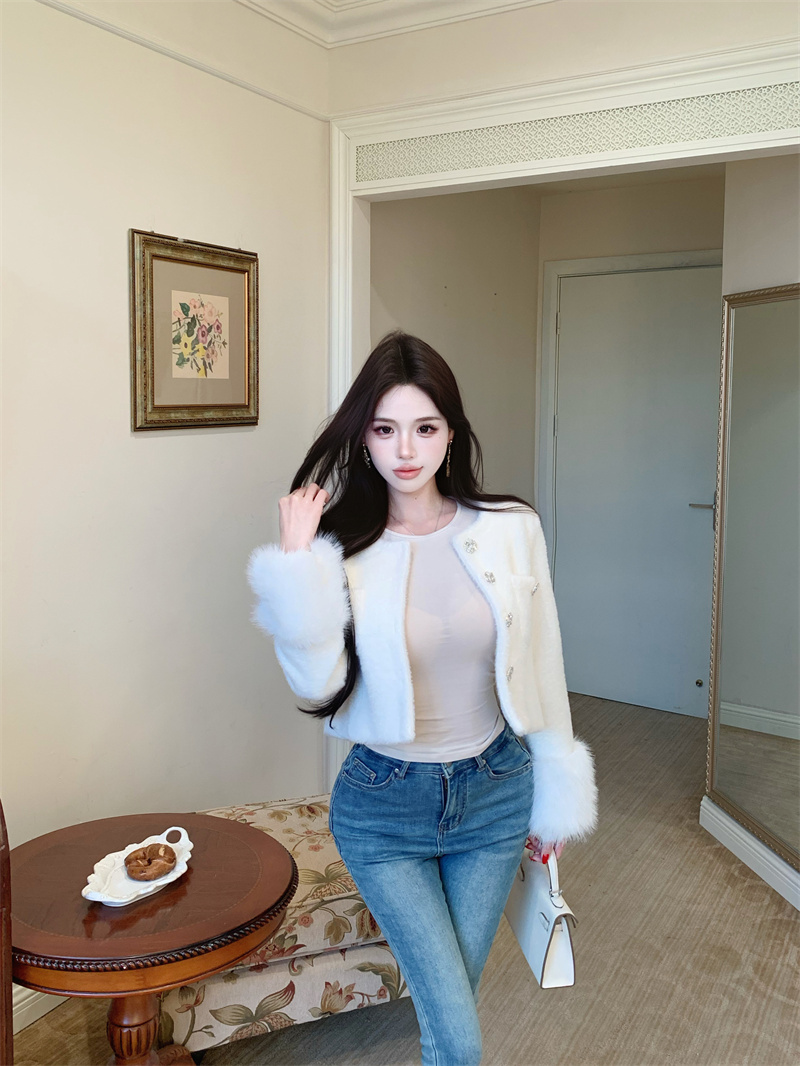 French Style Faux Mink Fur Short Cardigan Jacket for Women - Image 2