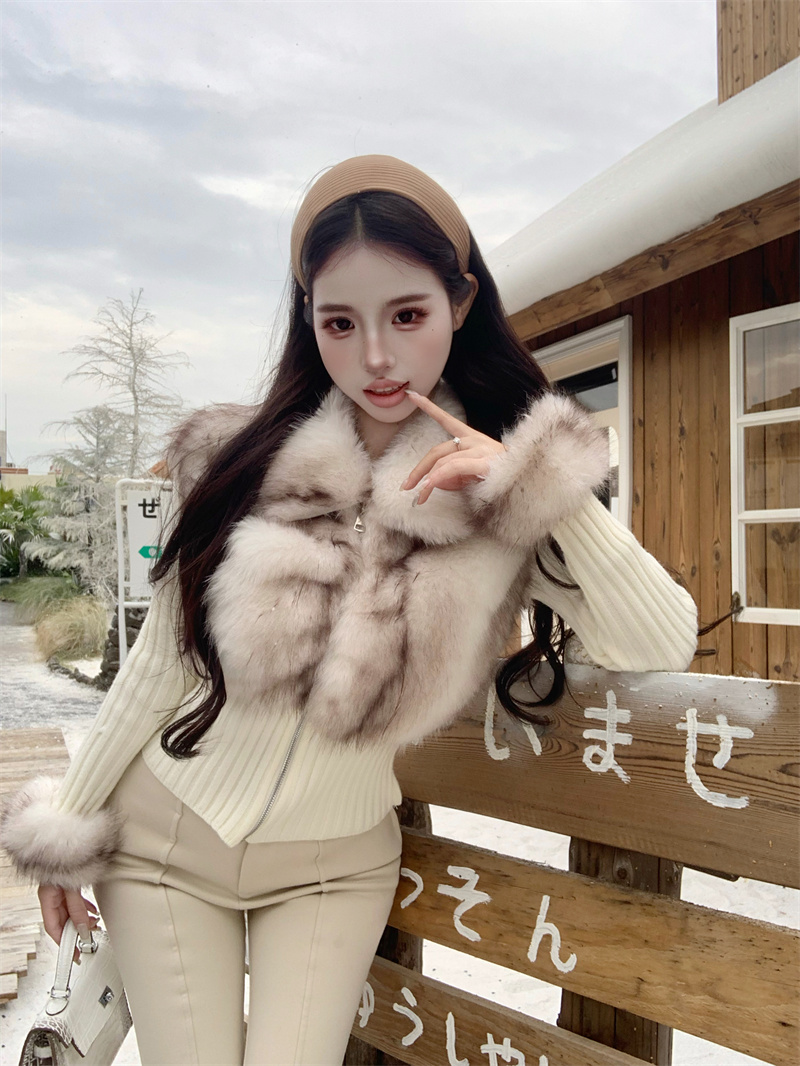French Style Faux Two Piece Knit Jacket Women Winter Slim Short Faux Fur Collar Tweed Top - Image 2