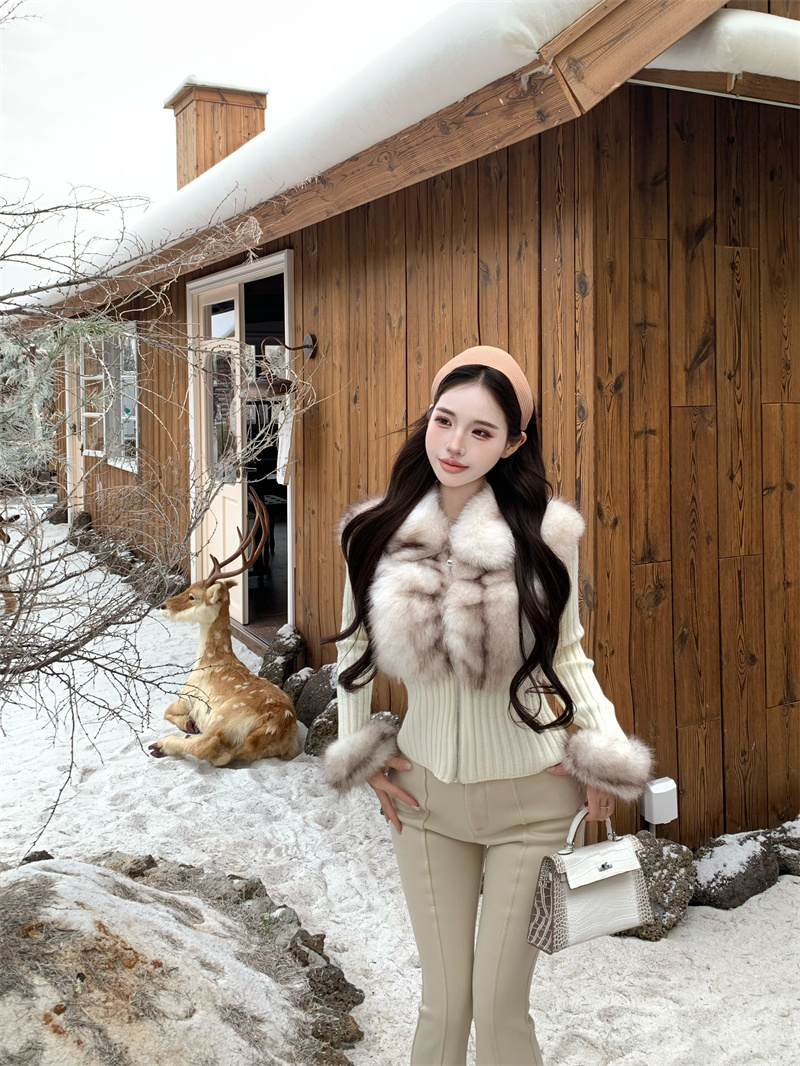 French Style Faux Two Piece Knit Jacket Women Winter Slim Short Faux Fur Collar Tweed Top - Image 3