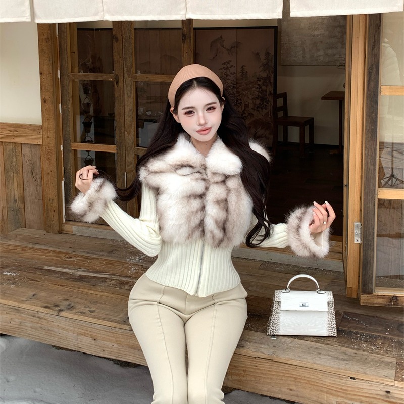 French Style Faux Two Piece Knit Jacket Women Winter Slim Short Faux Fur Collar Tweed Top - Image 5