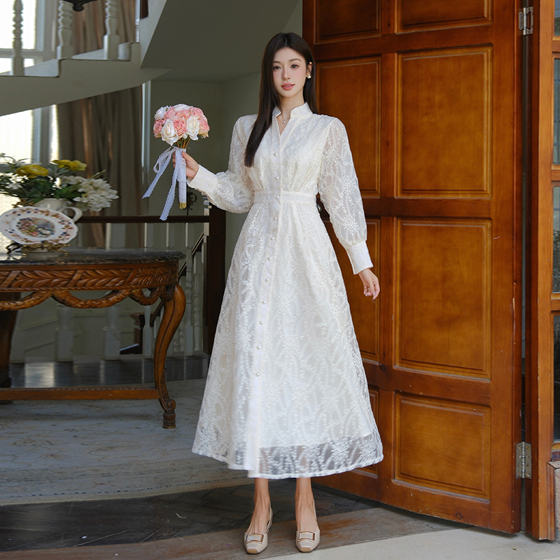French Vintage Elegant Single-Breasted Embroidered Long Dress