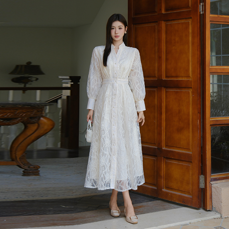 French Vintage Elegant Single-Breasted Embroidered Long Dress - Image 2