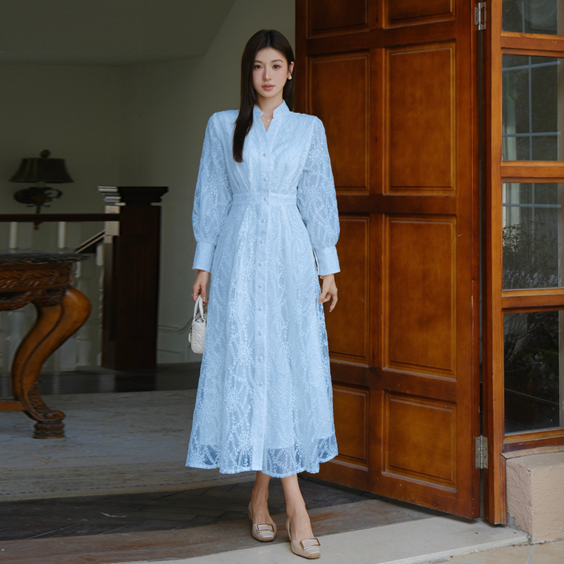 French Vintage Elegant Single-Breasted Embroidered Long Dress - Image 3