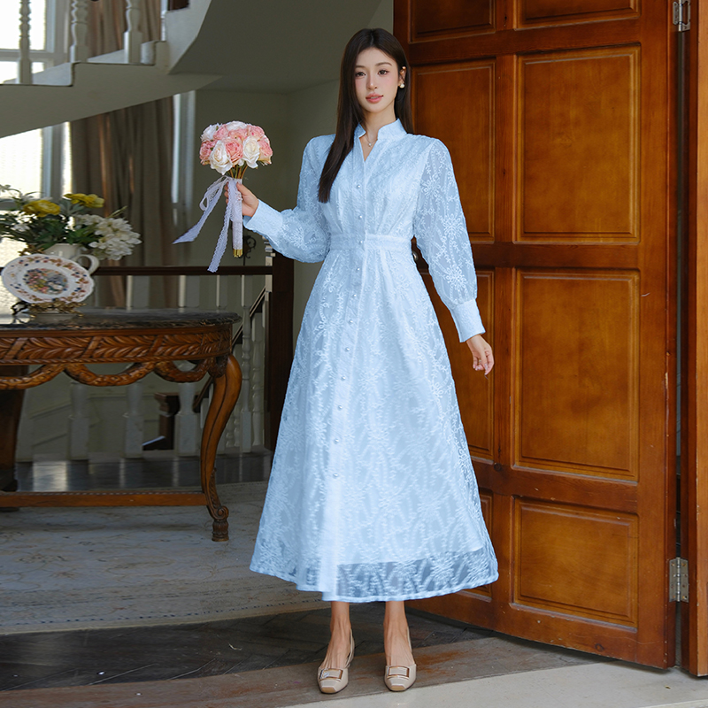 French Vintage Elegant Single-Breasted Embroidered Long Dress - Image 4