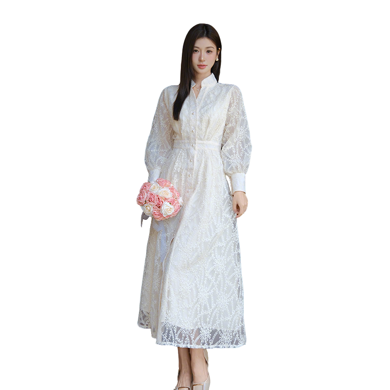 French Vintage Elegant Single-Breasted Embroidered Long Dress - Image 5