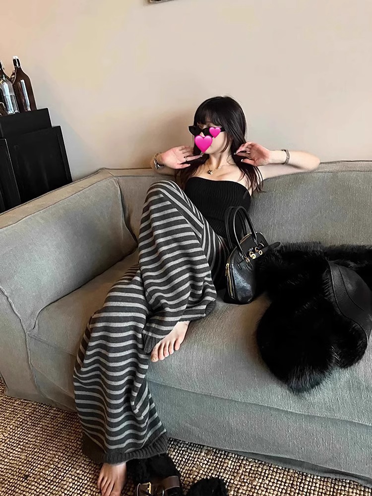 Gray Striped Wide-Leg Pants Women 2024 Autumn Winter High Waist Straight Casual