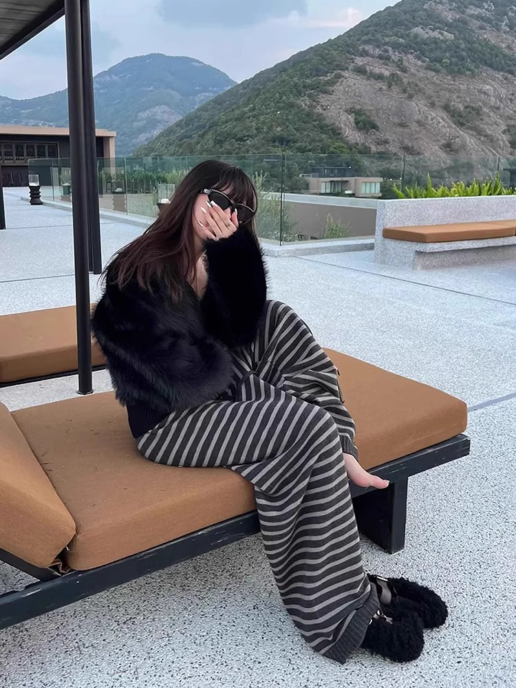 Gray Striped Wide-Leg Pants Women 2024 Autumn Winter High Waist Straight Casual - Image 2