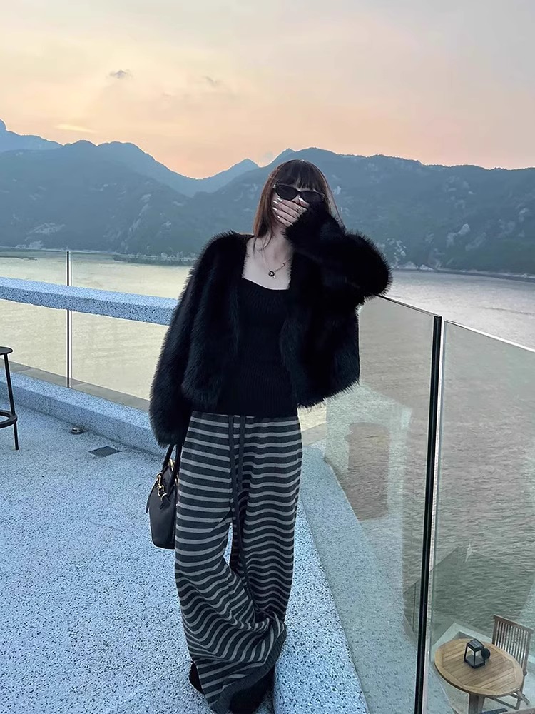 Gray Striped Wide-Leg Pants Women 2024 Autumn Winter High Waist Straight Casual - Image 3