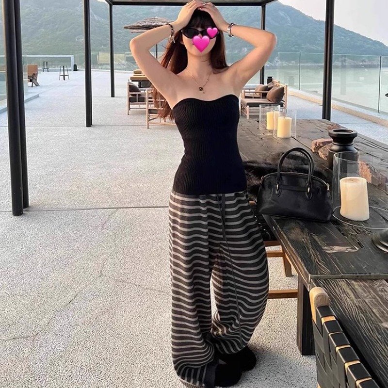 Gray Striped Wide-Leg Pants Women 2024 Autumn Winter High Waist Straight Casual - Image 5