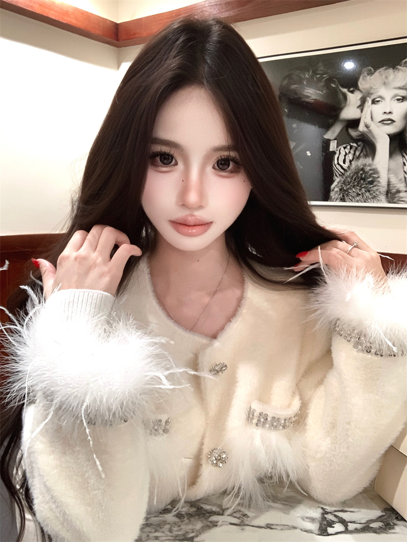Little Chanel Style Woolen Coat Winter New French Elegant Sweet Heavy Feather Spliced Overcoat