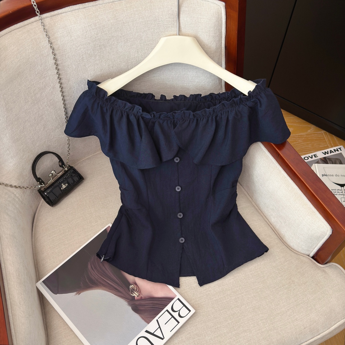 Sexy One-Shoulder Ruffle Slimming Top Women Summer New Pleated Waist Shirt
