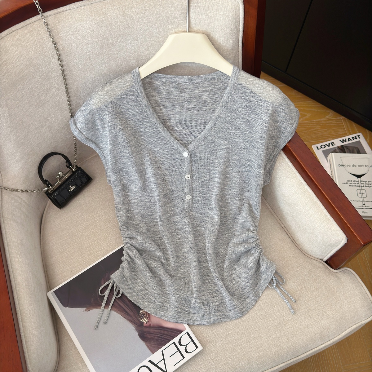 Slimming V-Neck Drawstring Knit Short Sleeve Top Summer New Women's Wear