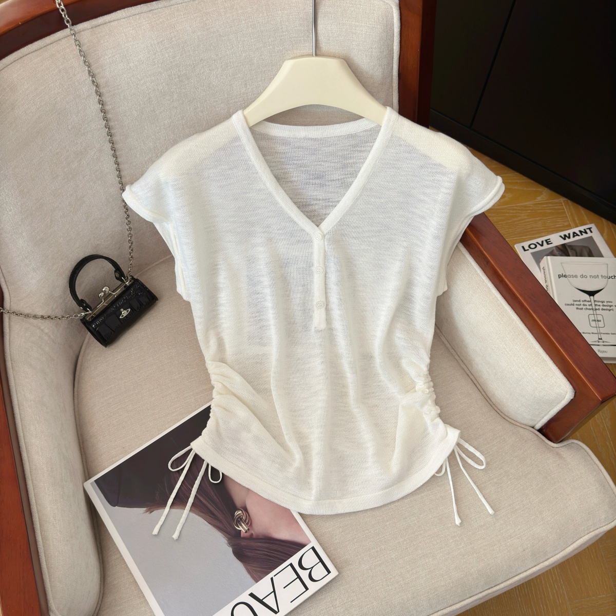 Slimming V-Neck Drawstring Knit Short Sleeve Top Summer New Women's Wear - Image 2