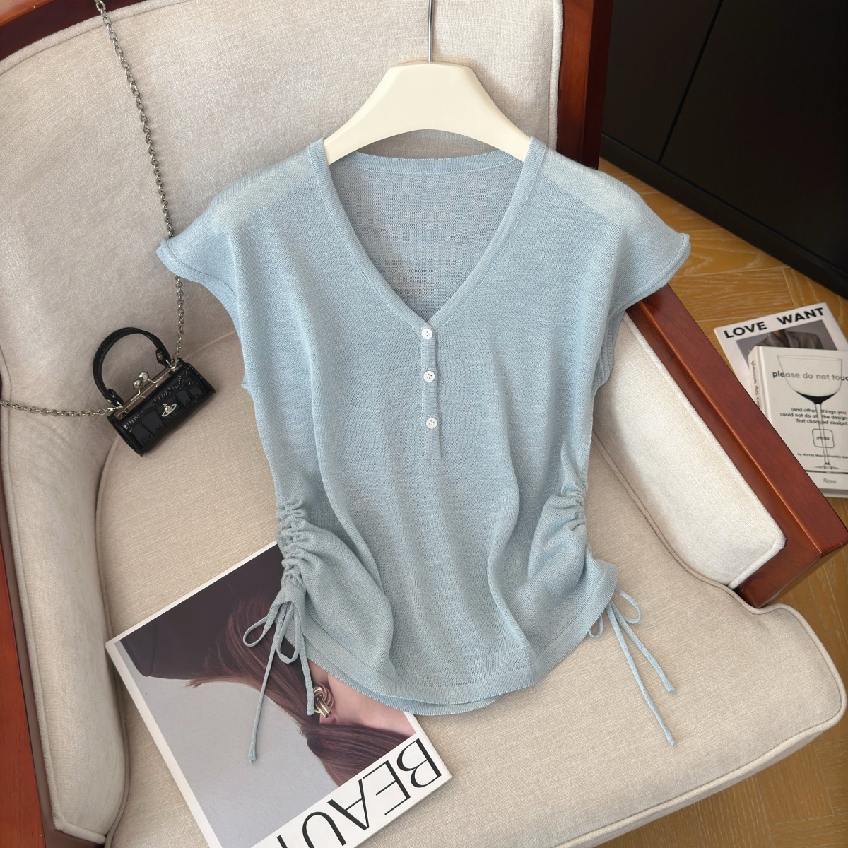 Slimming V-Neck Drawstring Knit Short Sleeve Top Summer New Women's Wear - Image 3