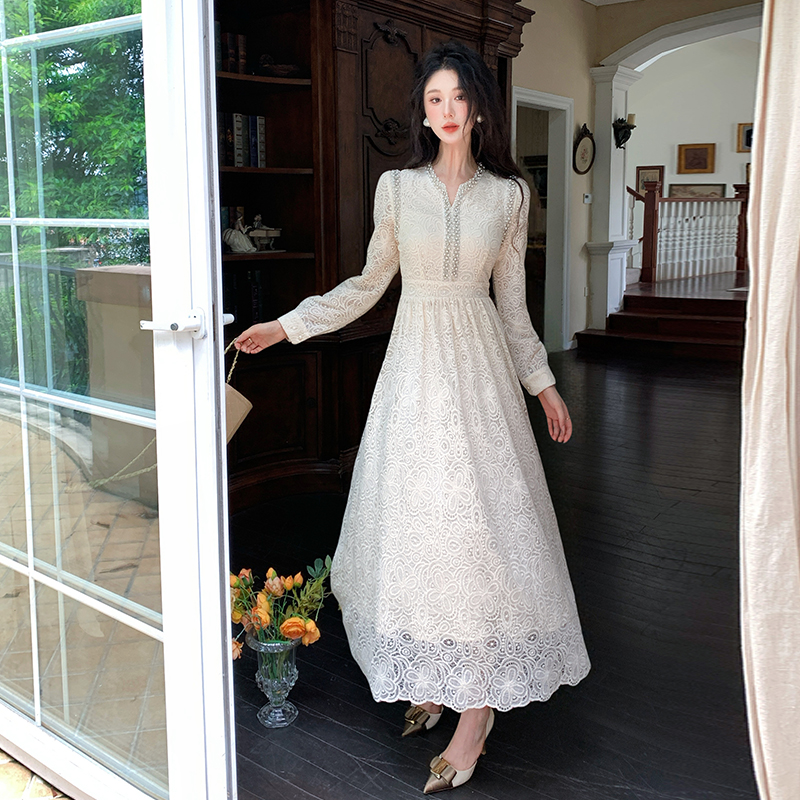 V-Neck Long Sleeve Rhinestone Lace A-Line Dress - Image 3