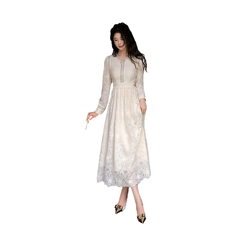 V-Neck Long Sleeve Rhinestone Lace A-Line Dress - Image 5