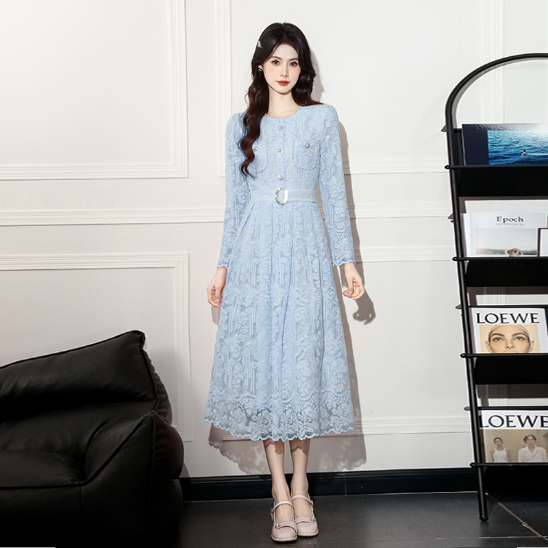 Women's A-Line Long Sleeve Lace Dress with Belt - 2026 Korean Style