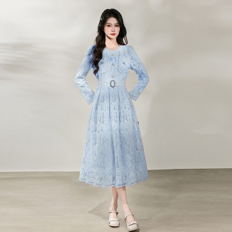 Women's A-Line Long Sleeve Lace Dress with Belt - 2026 Korean Style - Image 2
