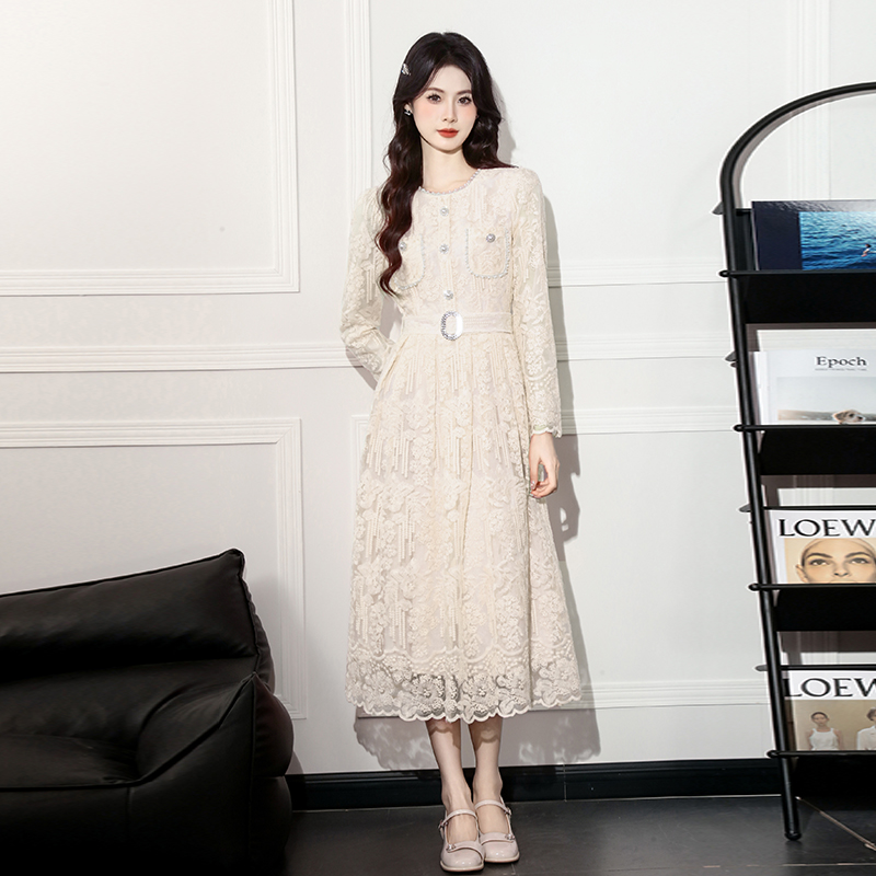 Women's A-Line Long Sleeve Lace Dress with Belt - 2026 Korean Style - Image 3