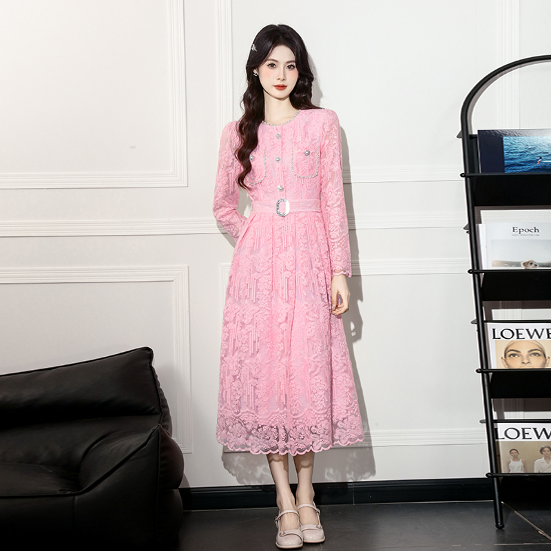 Women's A-Line Long Sleeve Lace Dress with Belt - 2026 Korean Style - Image 4