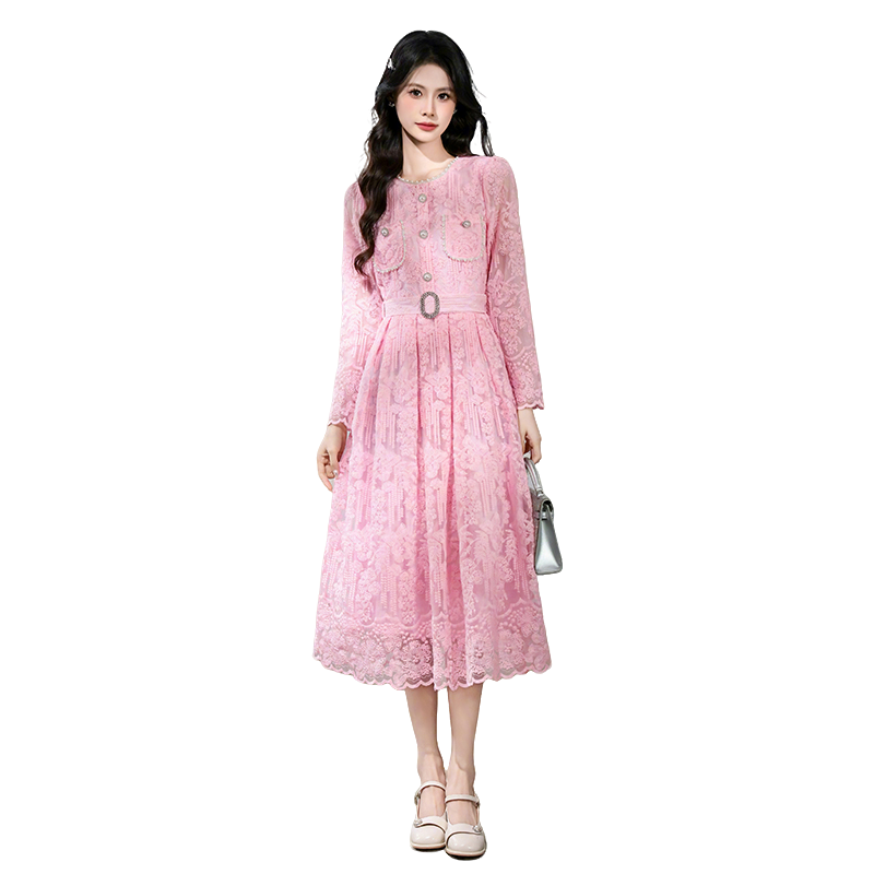 Women's A-Line Long Sleeve Lace Dress with Belt - 2026 Korean Style - Image 5