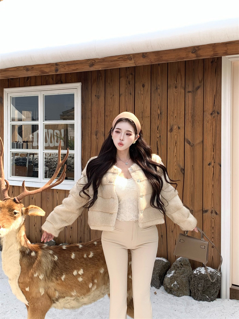 Women's Faux Mink Short Jacket in Khaki - 2025 Winter Tweed-Style Outerwear - Image 2