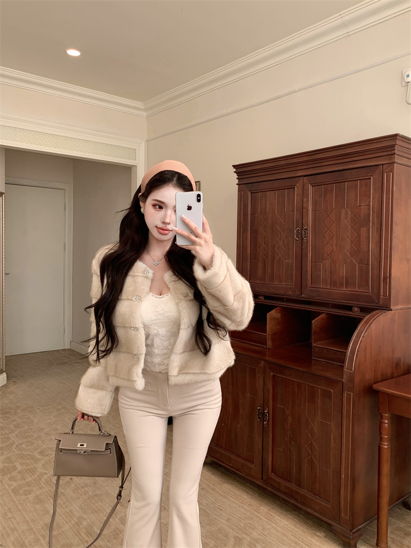 Women's Faux Mink Short Jacket in Khaki - 2025 Winter Tweed-Style Outerwear - Image 3
