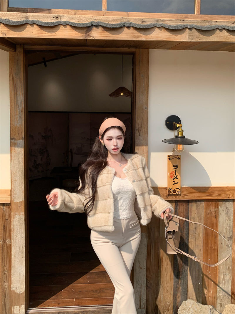 Women's Faux Mink Short Jacket in Khaki - 2025 Winter Tweed-Style Outerwear - Image 4