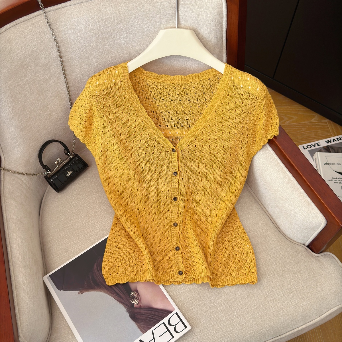 Women's Korean Style V-Neck Hollow Out Knit Cardigan Short Sleeve Summer Top