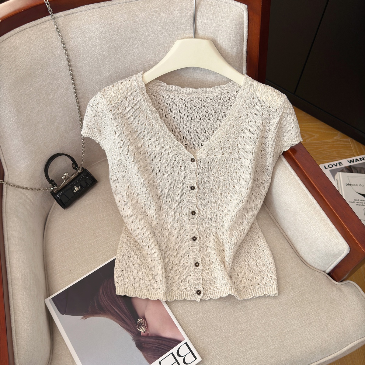 Women's Korean Style V-Neck Hollow Out Knit Cardigan Short Sleeve Summer Top - Image 2