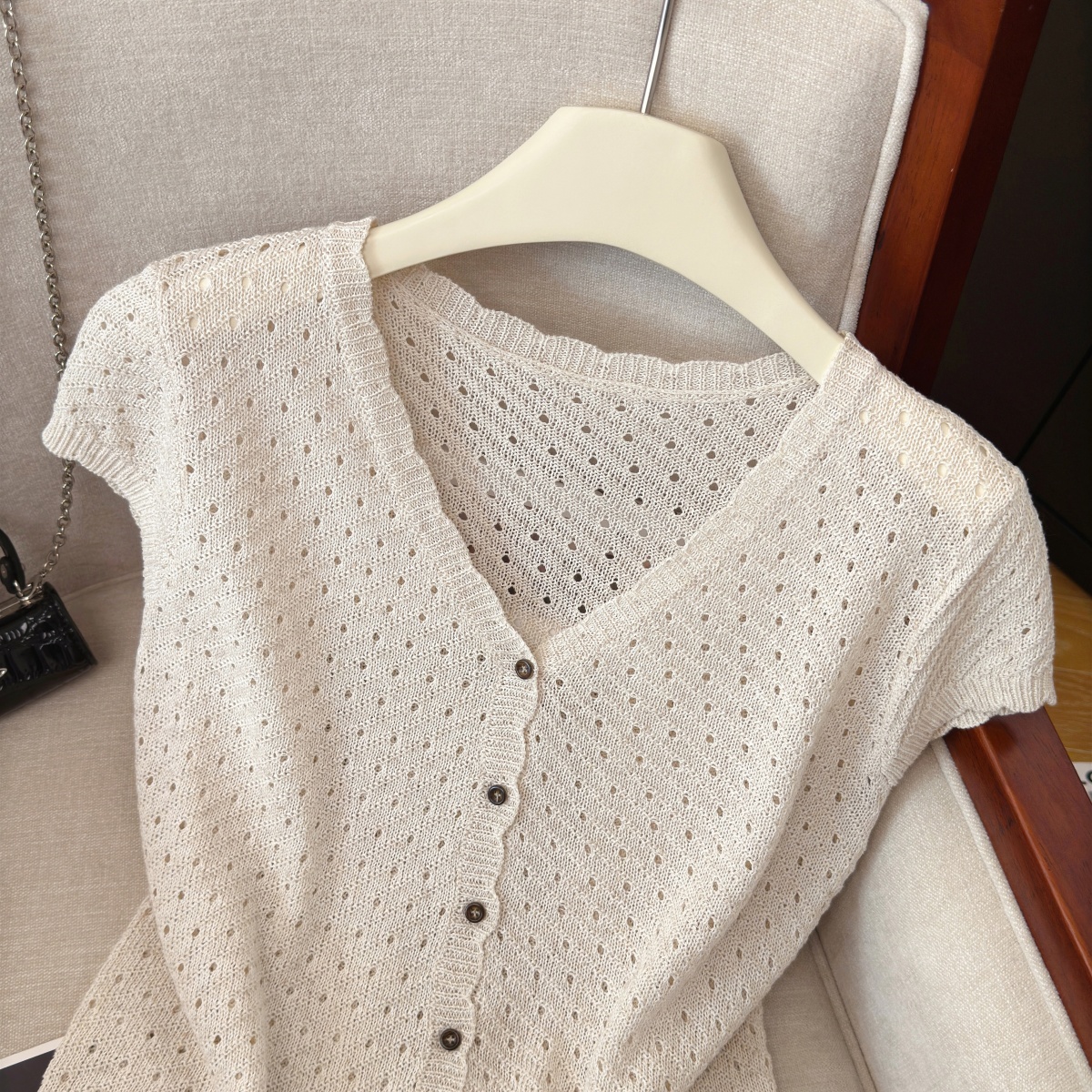 Women's Korean Style V-Neck Hollow Out Knit Cardigan Short Sleeve Summer Top - Image 3
