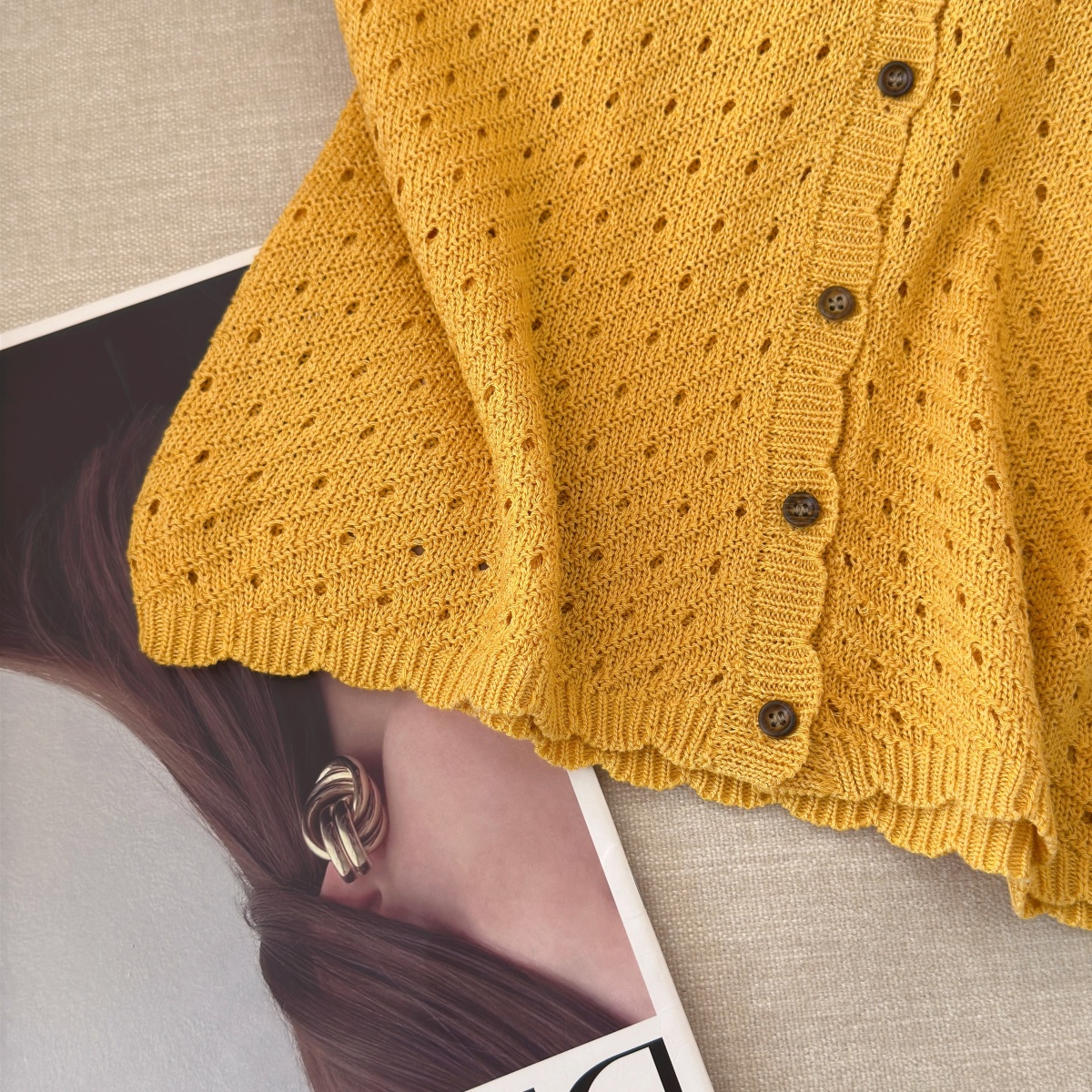 Women's Korean Style V-Neck Hollow Out Knit Cardigan Short Sleeve Summer Top - Image 4