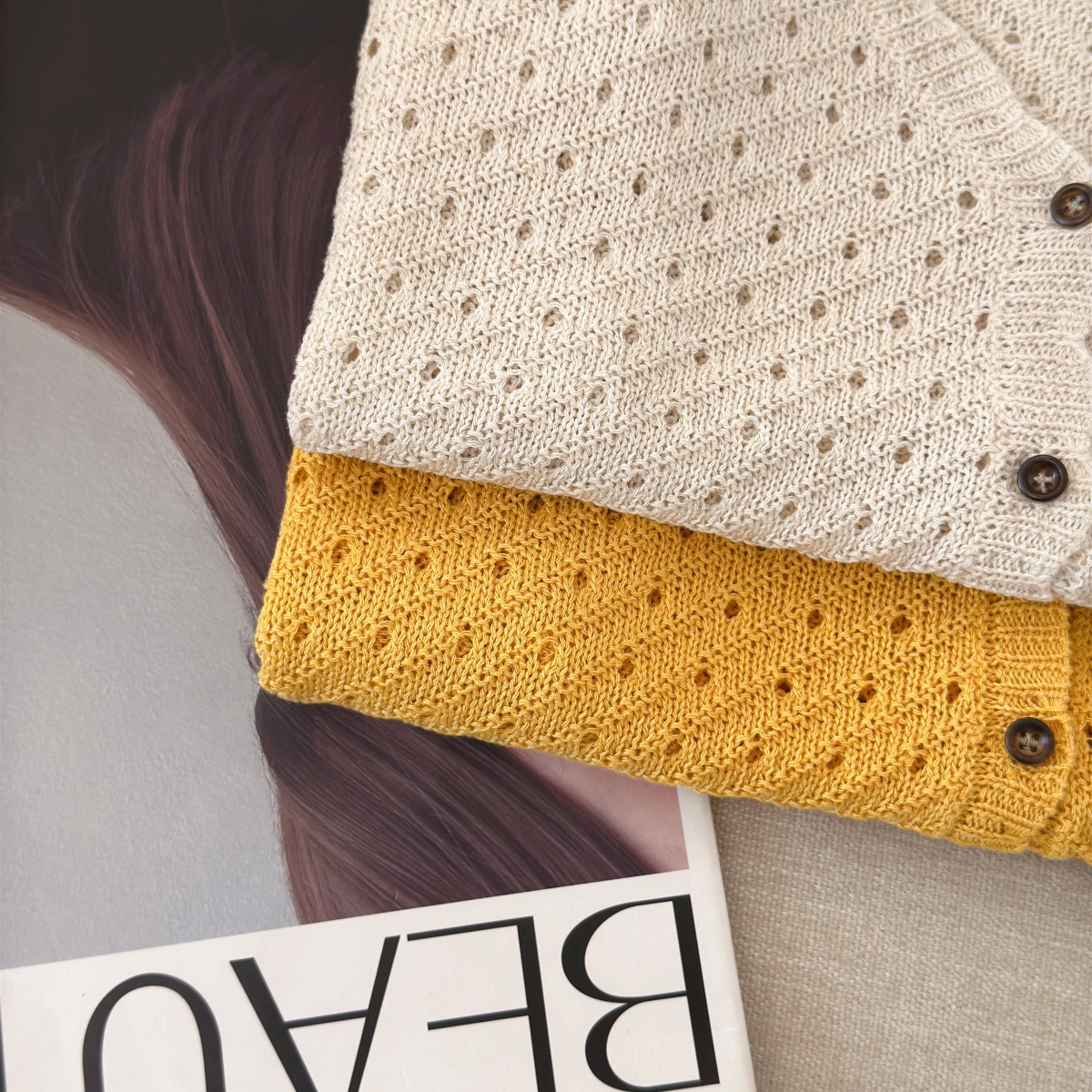 Women's Korean Style V-Neck Hollow Out Knit Cardigan Short Sleeve Summer Top - Image 5