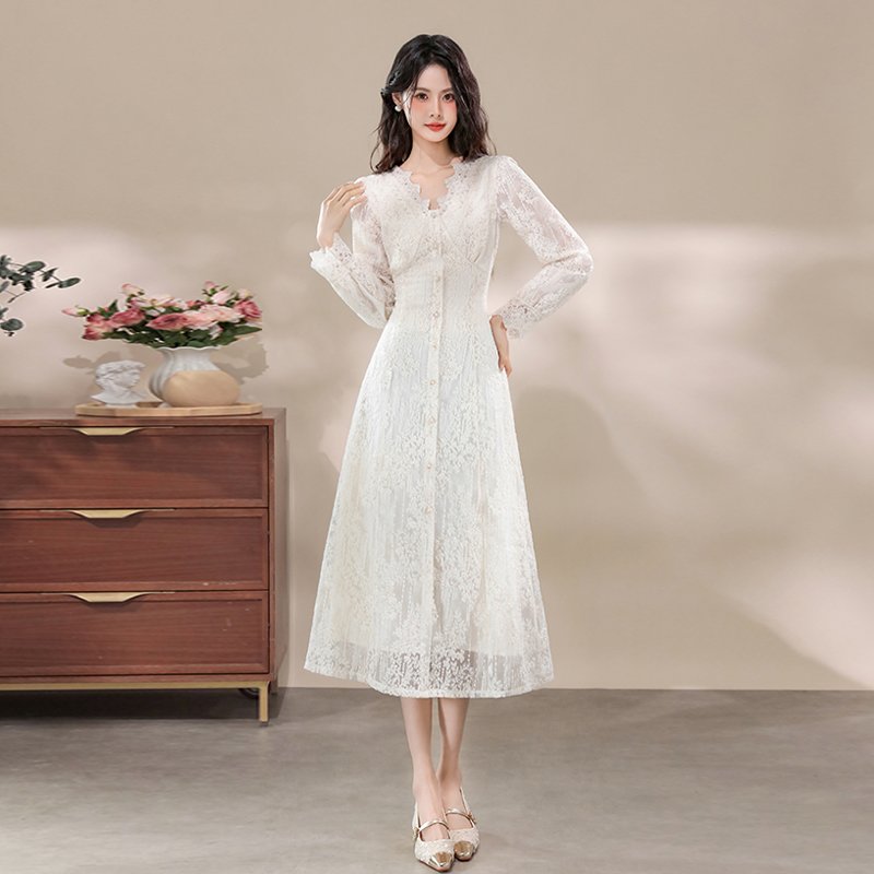 Women's Lace A-Line Midi Dress with V-Neck and Long Sleeves