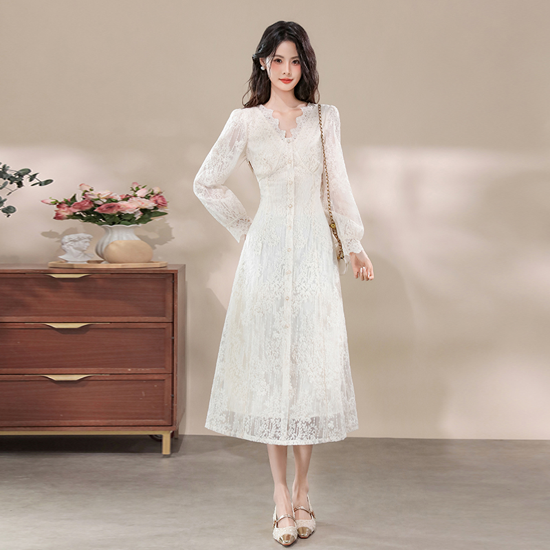 Women's Lace A-Line Midi Dress with V-Neck and Long Sleeves - Image 2