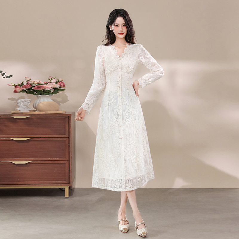 Women's Lace A-Line Midi Dress with V-Neck and Long Sleeves - Image 3